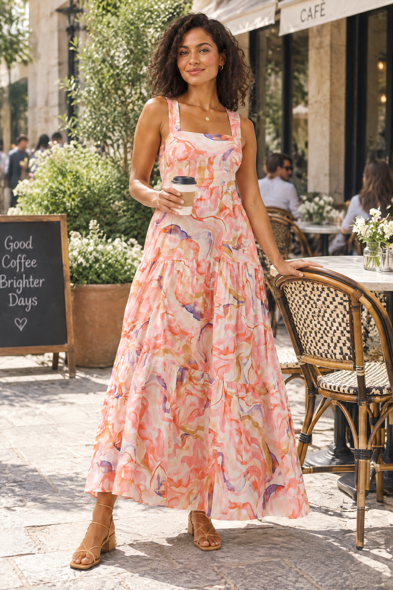 Robe midi rose à imprimé porcelaine et encolure carrée | Photo lifestyle | Lounelle Paris