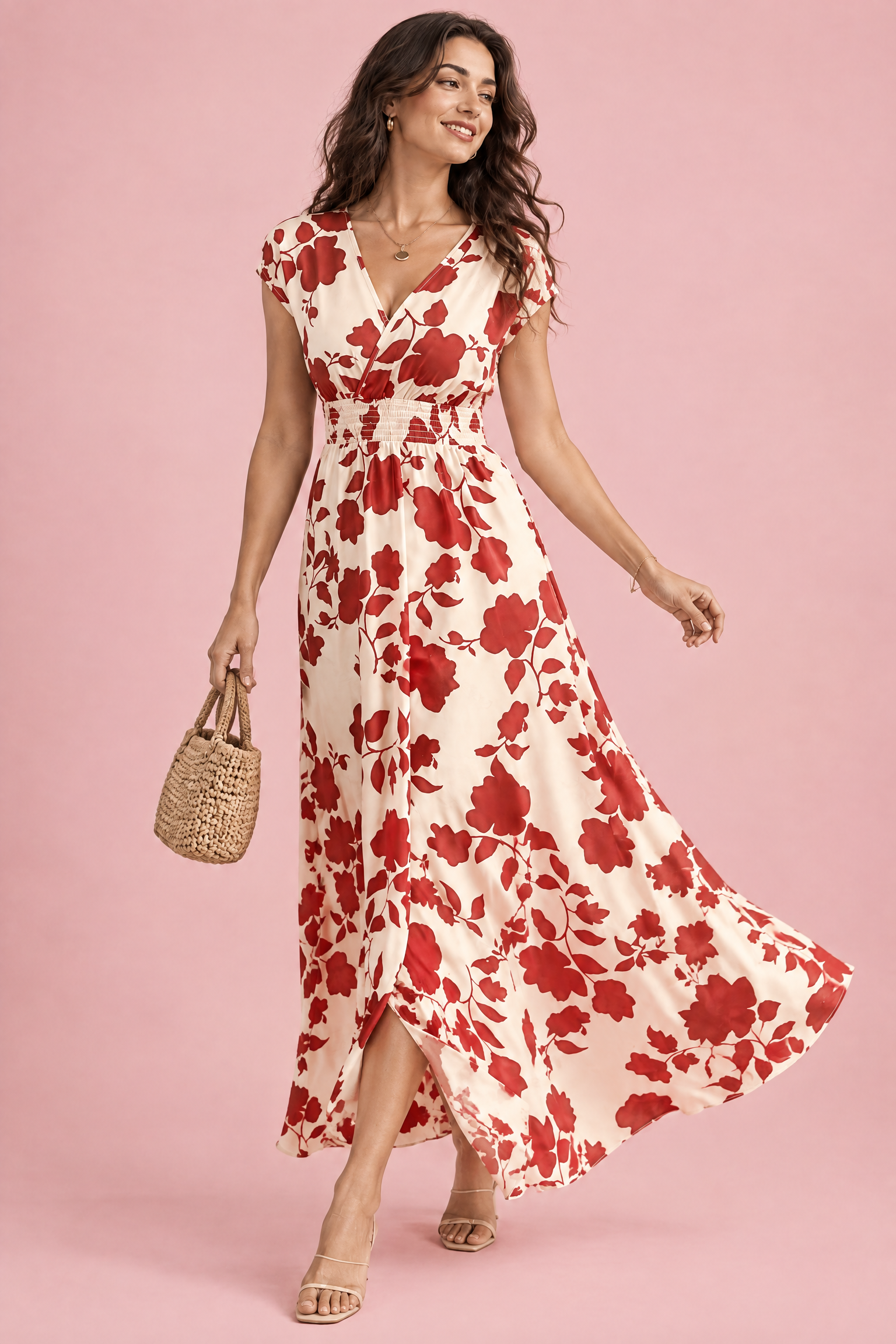 Robe longue écrue à fleurs et taille smockée | Vue en mouvement | Lounelle Paris