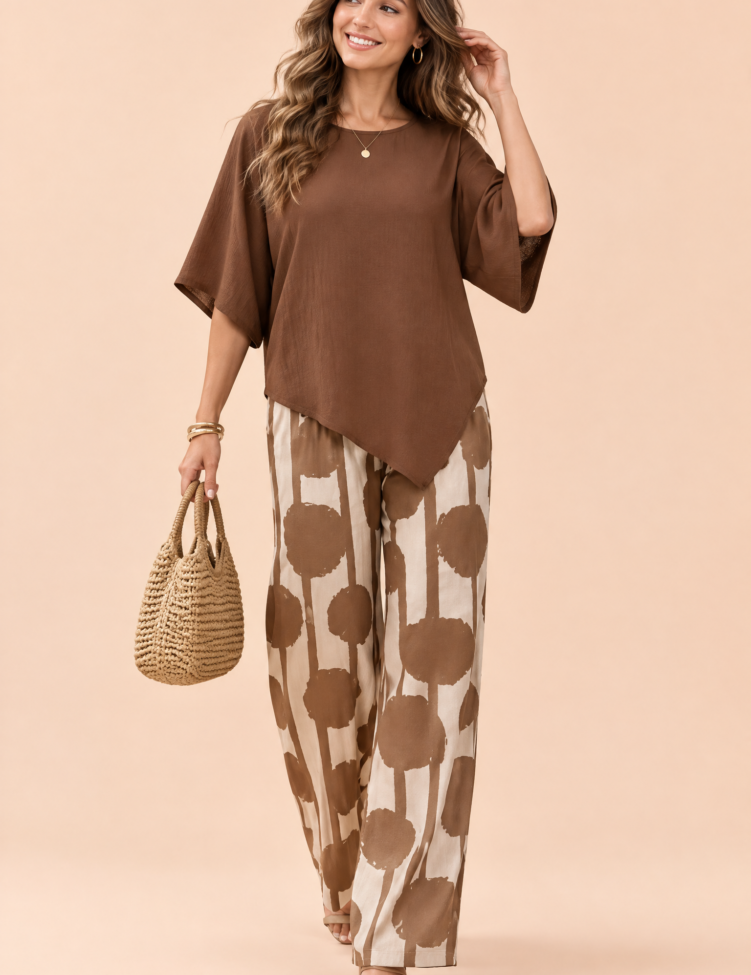 Ensemble pantalon marron à pois | Vue de face | Lounelle Paris
