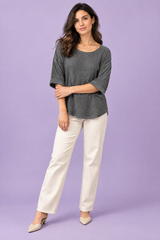 Relaxed Charcoal Grey Three-Quarter Sleeve T-Shirt