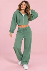 Cropped Zip Hoodie Set Sage