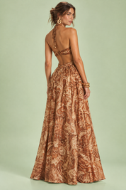Robe longue marron à col licou et découpes | Vue de dos | Lounelle Paris