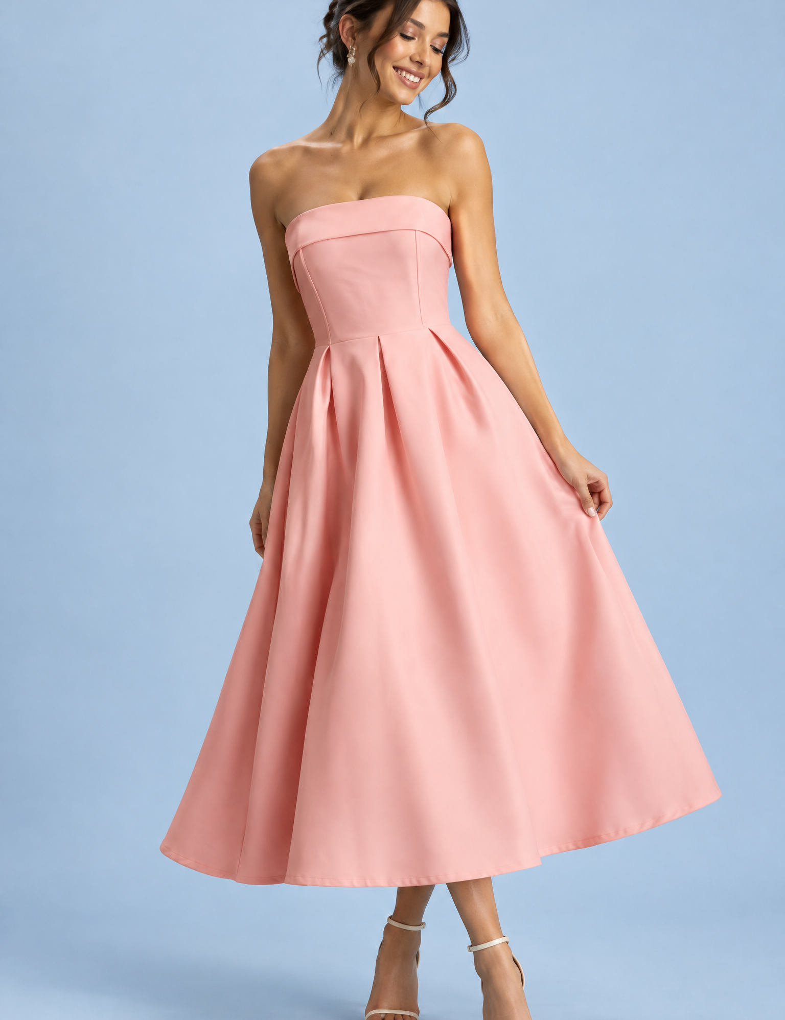 Robe midi patineuse bustier rose | Vue de face | Lounelle Paris