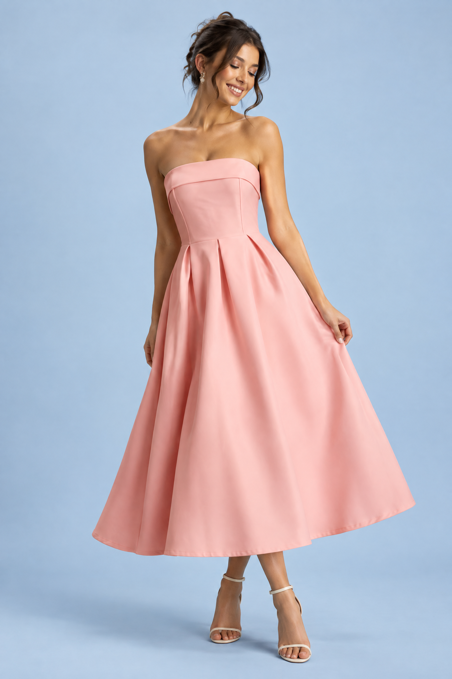 Robe midi patineuse bustier rose | Vue de face | Lounelle Paris