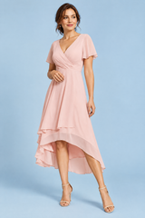 Pink Flutter Sleeve High-Low Dress