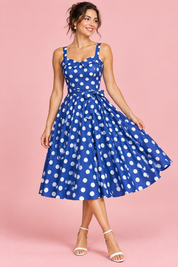 Robe midi bleue à pois et encolure carrée | Vue de face | Lounelle Paris