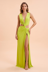 Green Asymmetric-Neck Maxi Dress With Body Cut-Outs And Gold Detailing