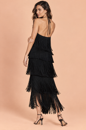Robe longue noire dos nu à franges superposées | Vue de dos | Lounelle Paris