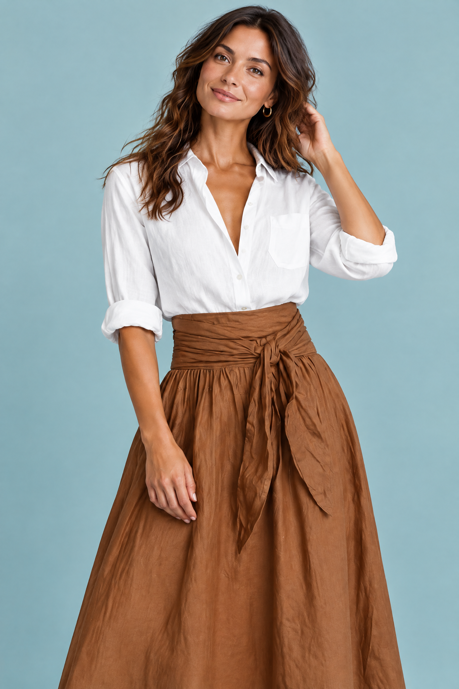 Ensemble chemise et jupe longue marron à taille nouée | Vue rapprochée | Lounelle Paris