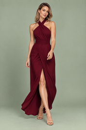 Robe longue bordeaux fendue à col américain | Vue en mouvement | Lounelle Paris