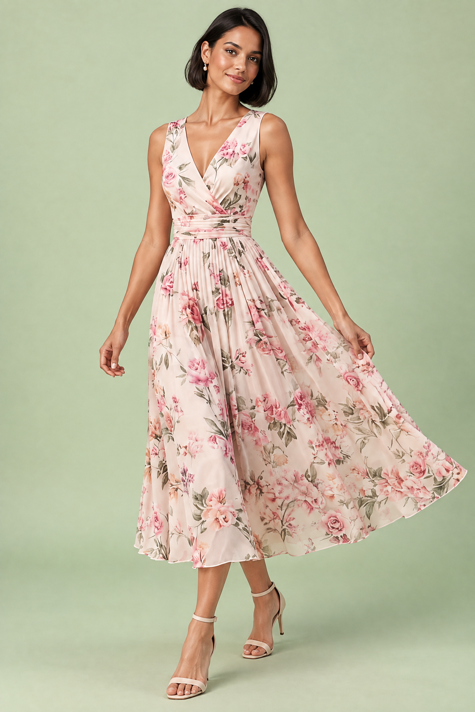 Robe midi rose à imprimé de bouquets floraux, col carré et coupe trapèze | Vue en mouvement | Lounelle Paris