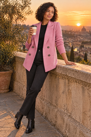 Blazer rose croisé à revers | Deuxième photo lifestyle | Lounelle Paris