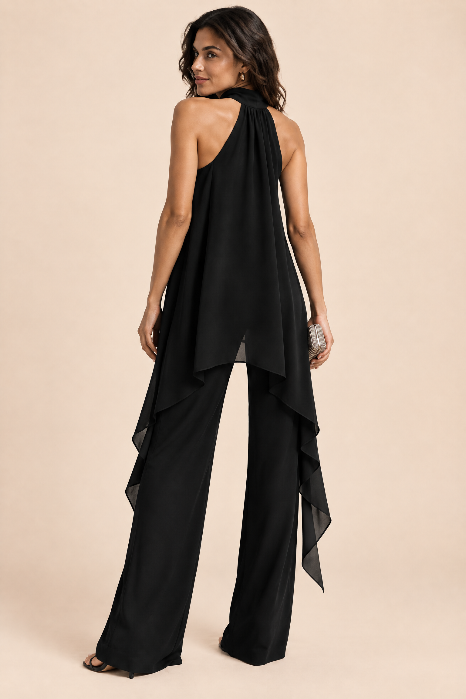 Ensemble pantalon fluide noir sans manches | Vue de dos | Lounelle Paris