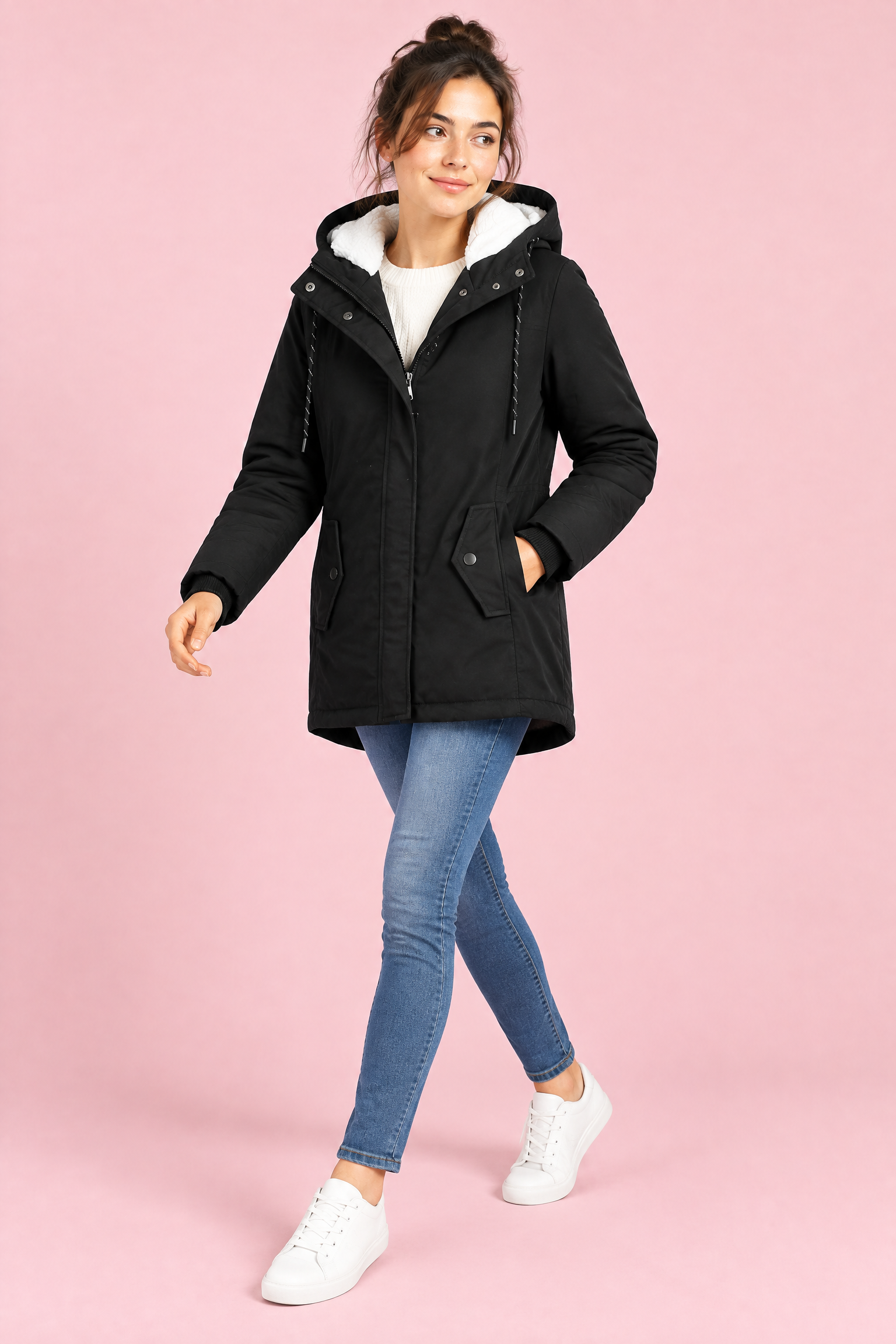 Parka noire oversize à capuche | Vue en mouvement | Lounelle Paris