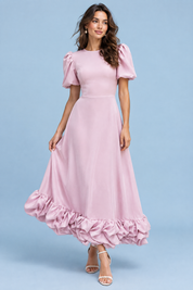 Robe longue rose à manches bouffantes et volant | Vue de face | Lounelle Paris