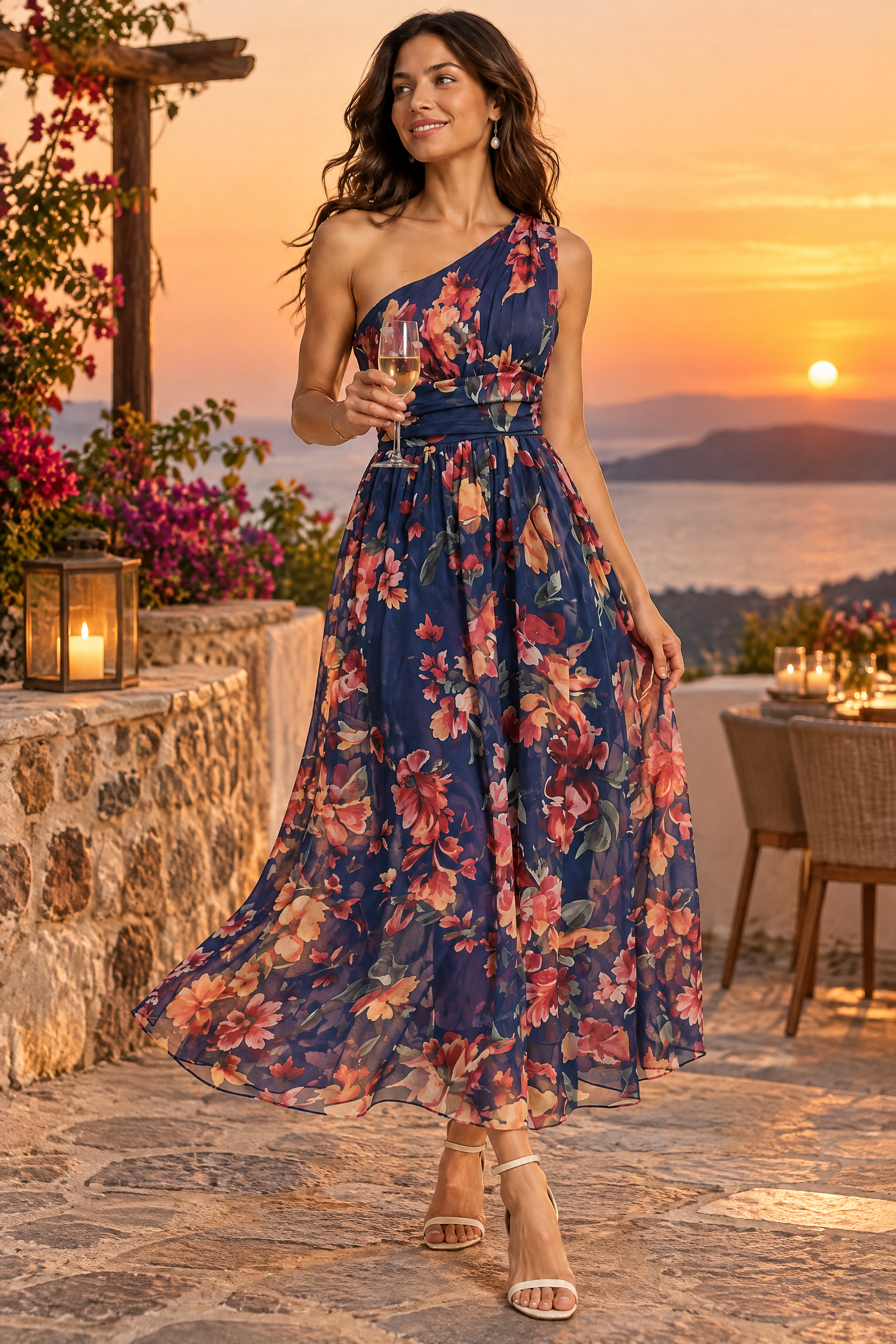 Robe longue fleurie bleue à une épaule, coupe trapèze | Deuxième photo lifestyle | Lounelle Paris