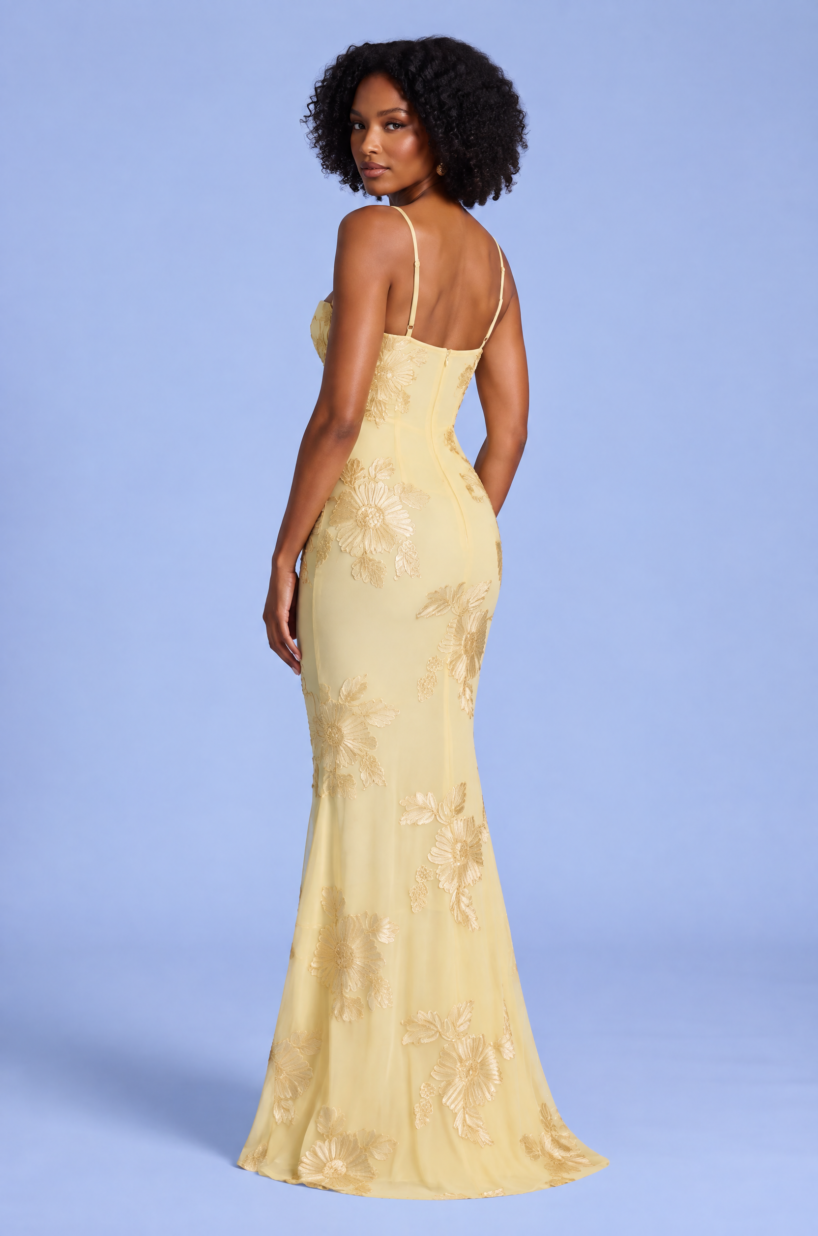 Robe longue jaune à broderies florales | Vue de dos | Lounelle Paris