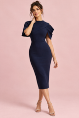 Berry Fitted Midi Dress with Draped Cape — Navy Blue