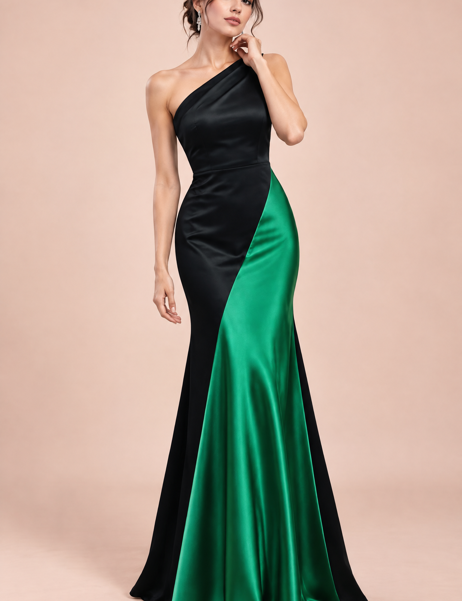 Robe longue noire et verte à une épaule | Vue de face | Lounelle Paris