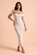 Off White Cut-Out Neck Midi Dress With Short Sleeves