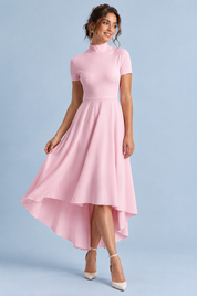 Robe midi asymétrique à col montant rose | Vue de face | Lounelle Paris