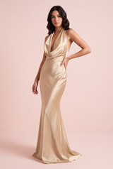 Champagne Gold Backless Cowl Neck Fishtail Maxi Dress