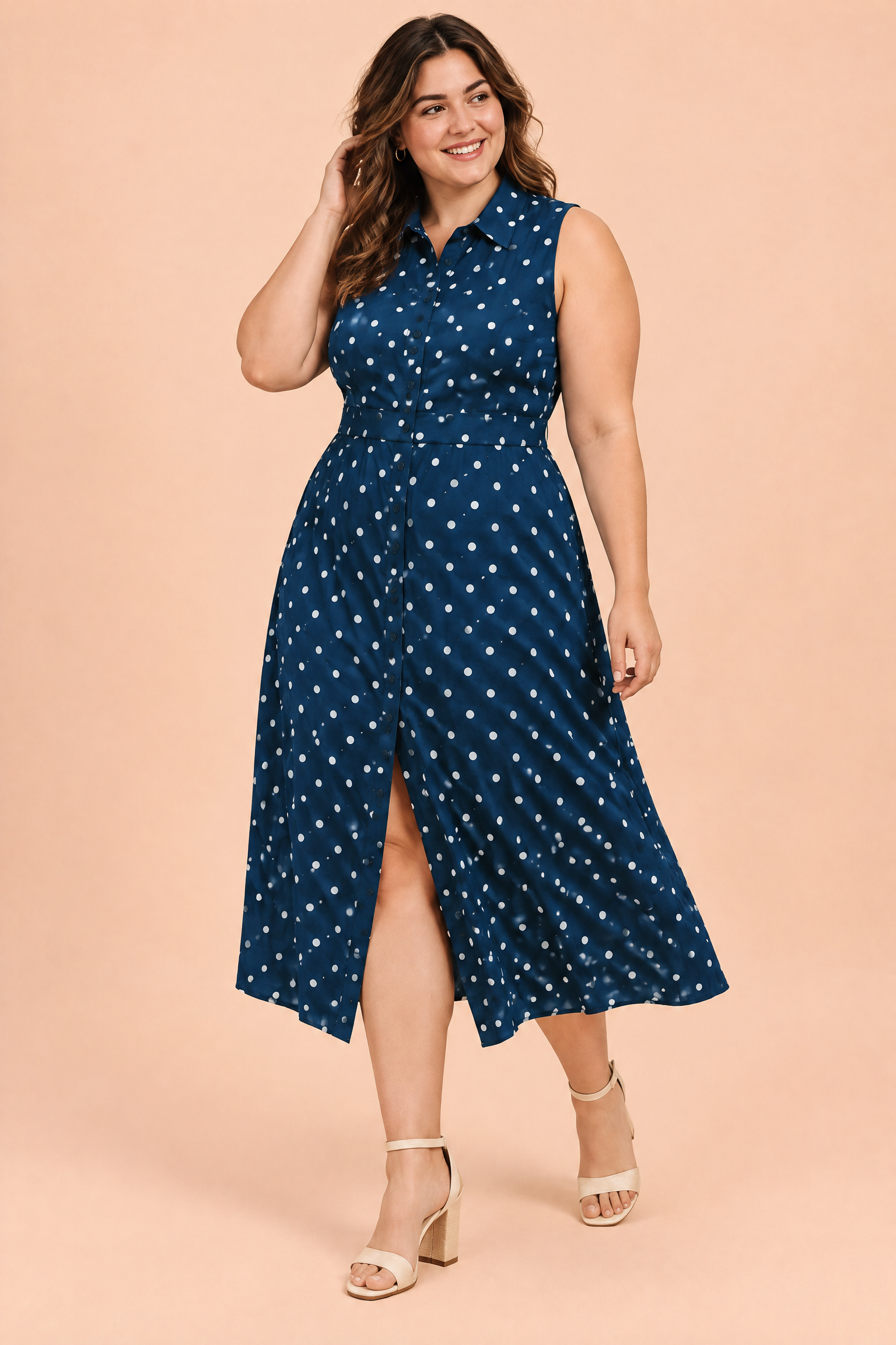 Robe midi bleu marine à pois et dos nu | Porté sur une silhouette plus ronde | Lounelle Paris