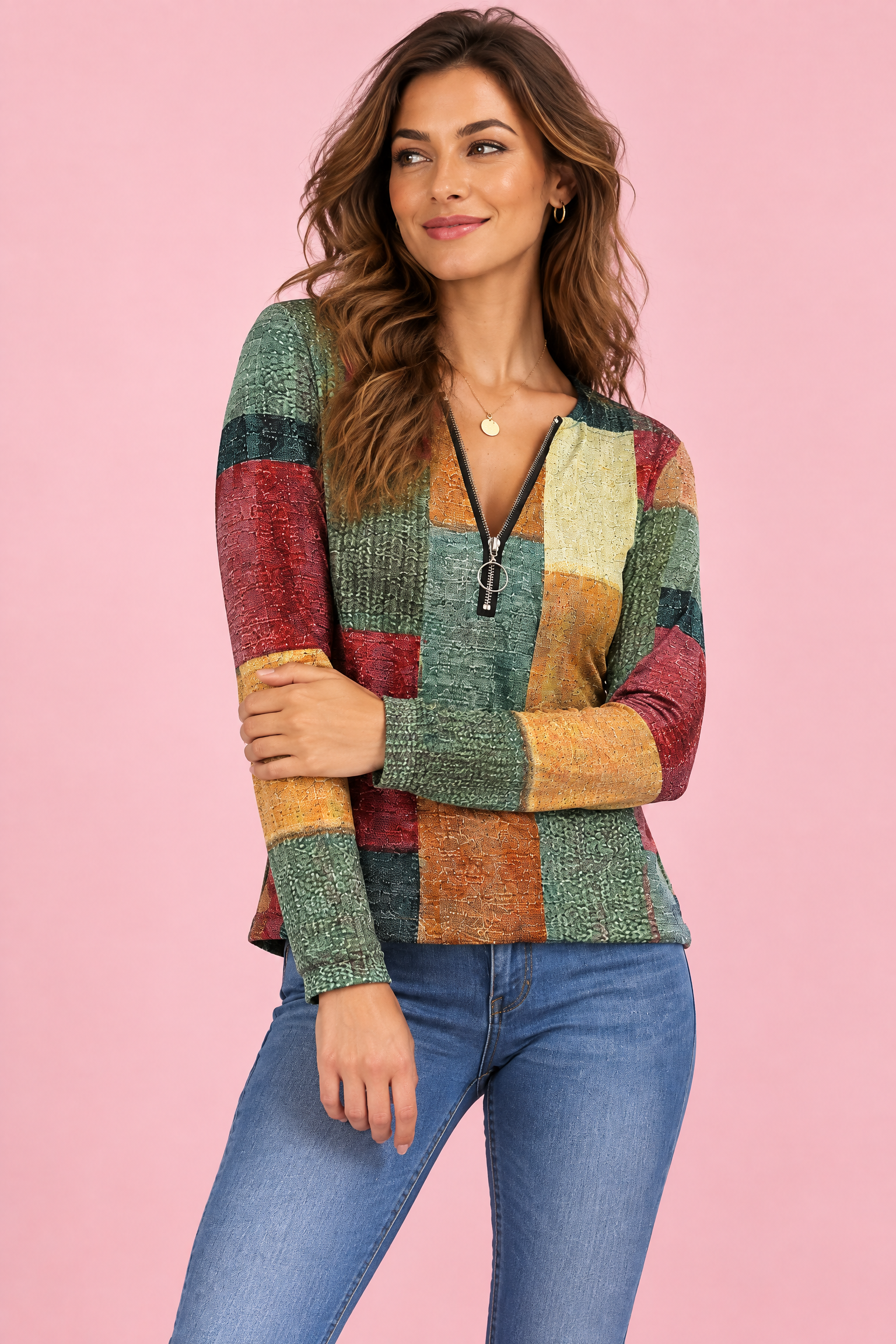 Haut vert zippé à imprimé patchwork | Vue rapprochée | Lounelle Paris