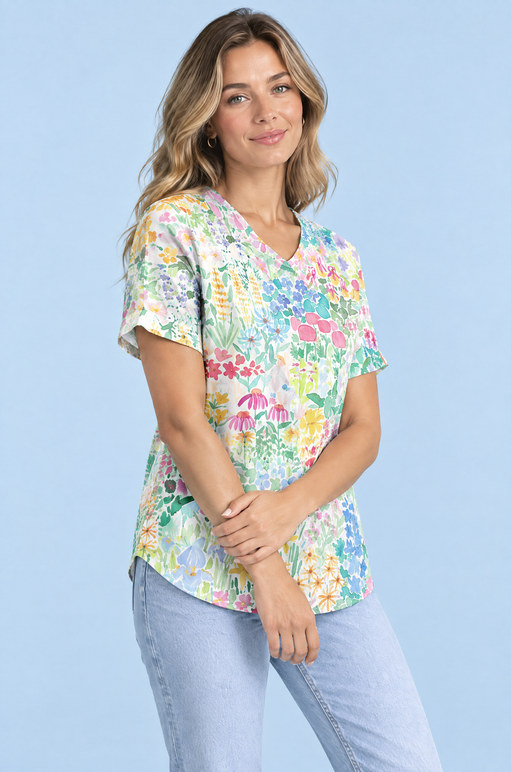 T-shirt blanc à imprimé floral et col | Vue rapprochée | Lounelle Paris