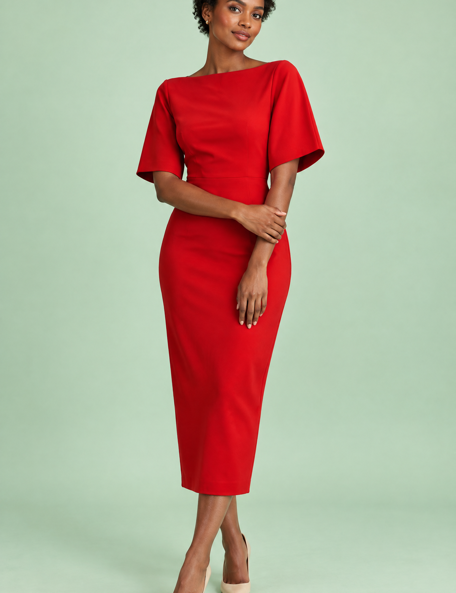 Robe midi rouge avec cape amovible | Vue de face | Lounelle Paris