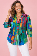 Teal Geometric Button-Up Shirt