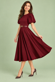 Robe midi bordeaux à col montant et manches bouffantes | Vue de dos | Lounelle Paris