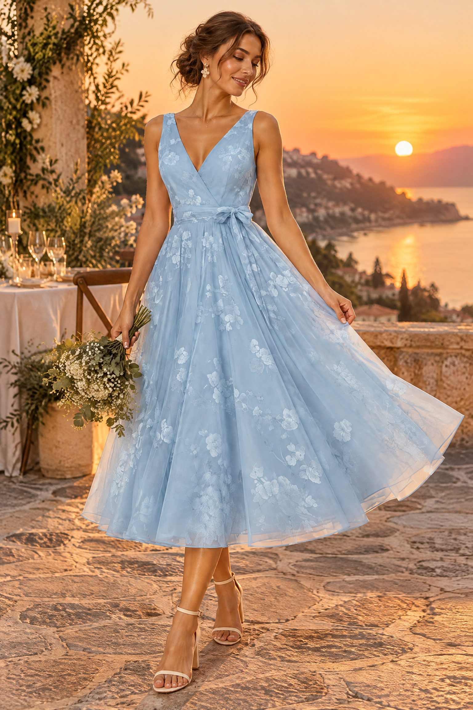 Robe midi fleurie bleu ciel à la coupe patineuse | Deuxième photo lifestyle | Lounelle Paris