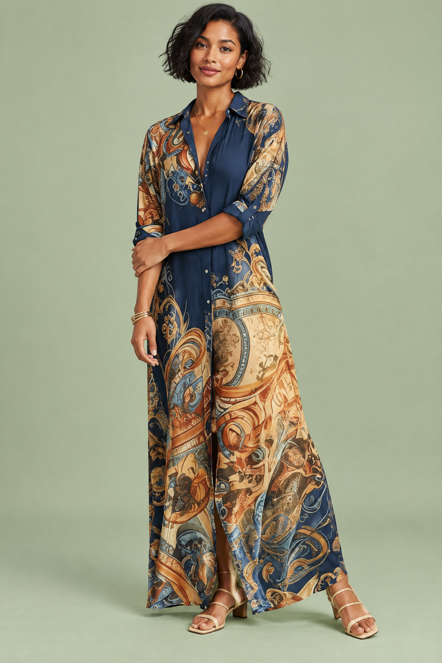 Robe-chemise midi imprimée bleu marine | Vue de face | Lounelle Paris