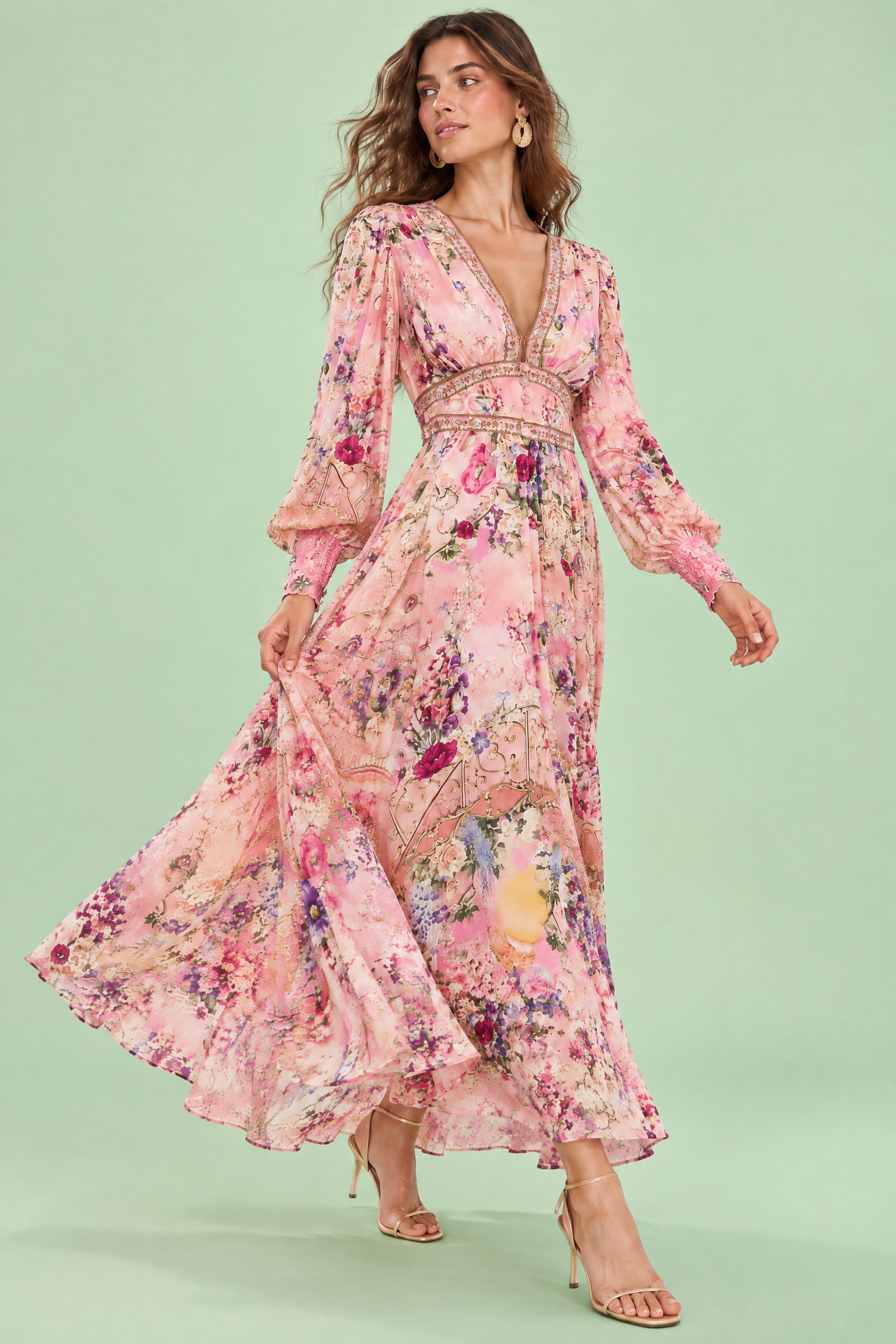 Robe longue rose à col V et manches bouffantes | Vue en mouvement | Lounelle Paris
