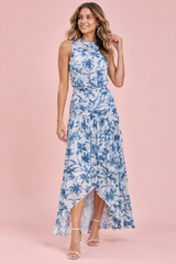 Blue High-Neck Maxi Dress Gathered-Detailing