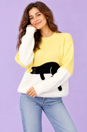 Pull oversize jaune à motif chat | Vue rapprochée | Lounelle Paris