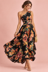 Black Floral One-Shoulder Dress