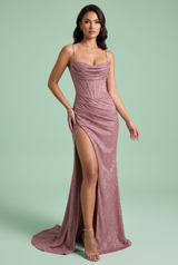 Sparkly Rose Pink Slit Maxi Dress