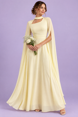 Light Yellow Square-Neck Maxi Dress With Cape Sleeves