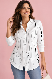 Chemise blanche boutonnée à imprimé géométrique | Vue de face | Lounelle Paris