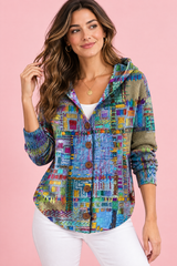 Blue Hooded Button-Up Cardigan