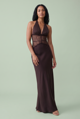Lace Halter Dark Brown Maxi Dress