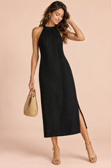 Black Sleeveless Pleated Slit Midi Dress