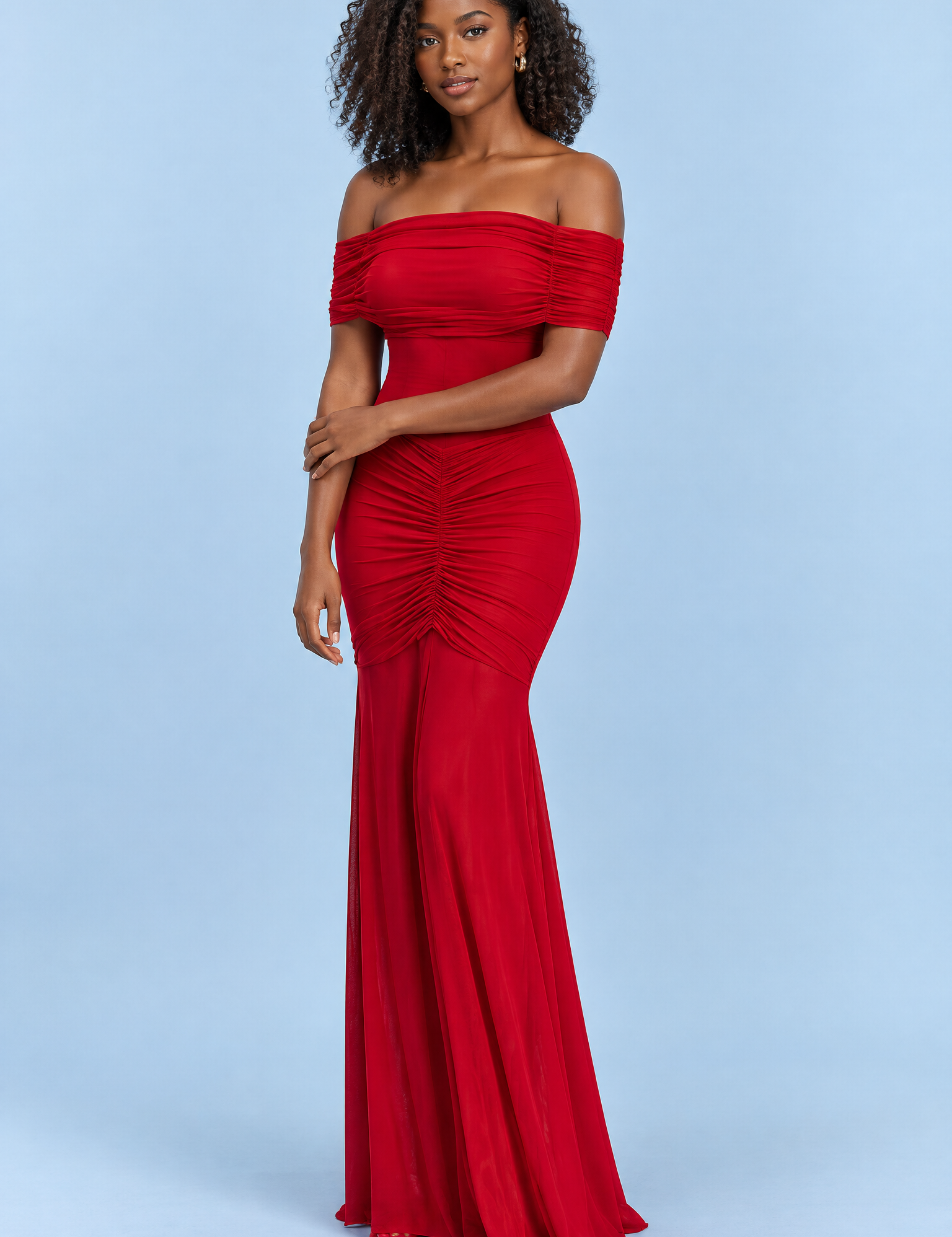 Robe longue rouge froncée à épaules dénudées | Vue de face | Lounelle Paris