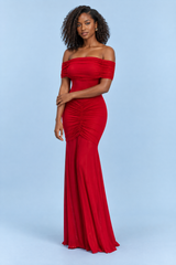 Red Ruched Off-Shoulder Maxi Dress