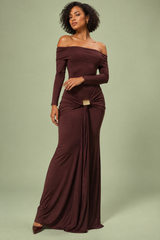 Burgundy Ruched Asymmetric Maxi Dress With Drape
