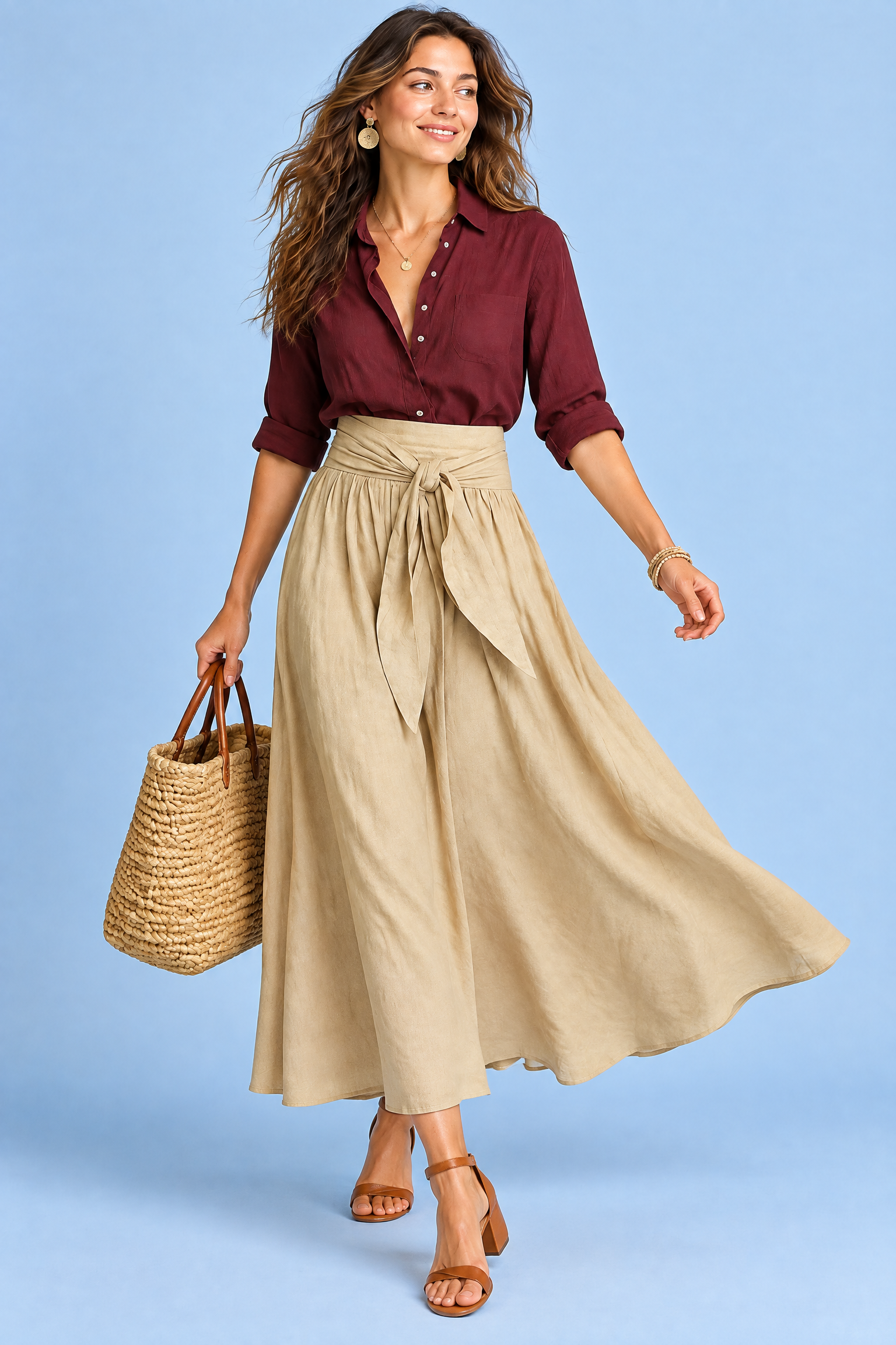 Ensemble chemise et jupe longue beige à taille nouée | Vue en mouvement | Lounelle Paris