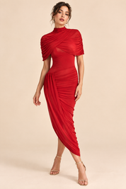 Robe rouge asymétrique drapée | Vue de face | Lounelle Paris