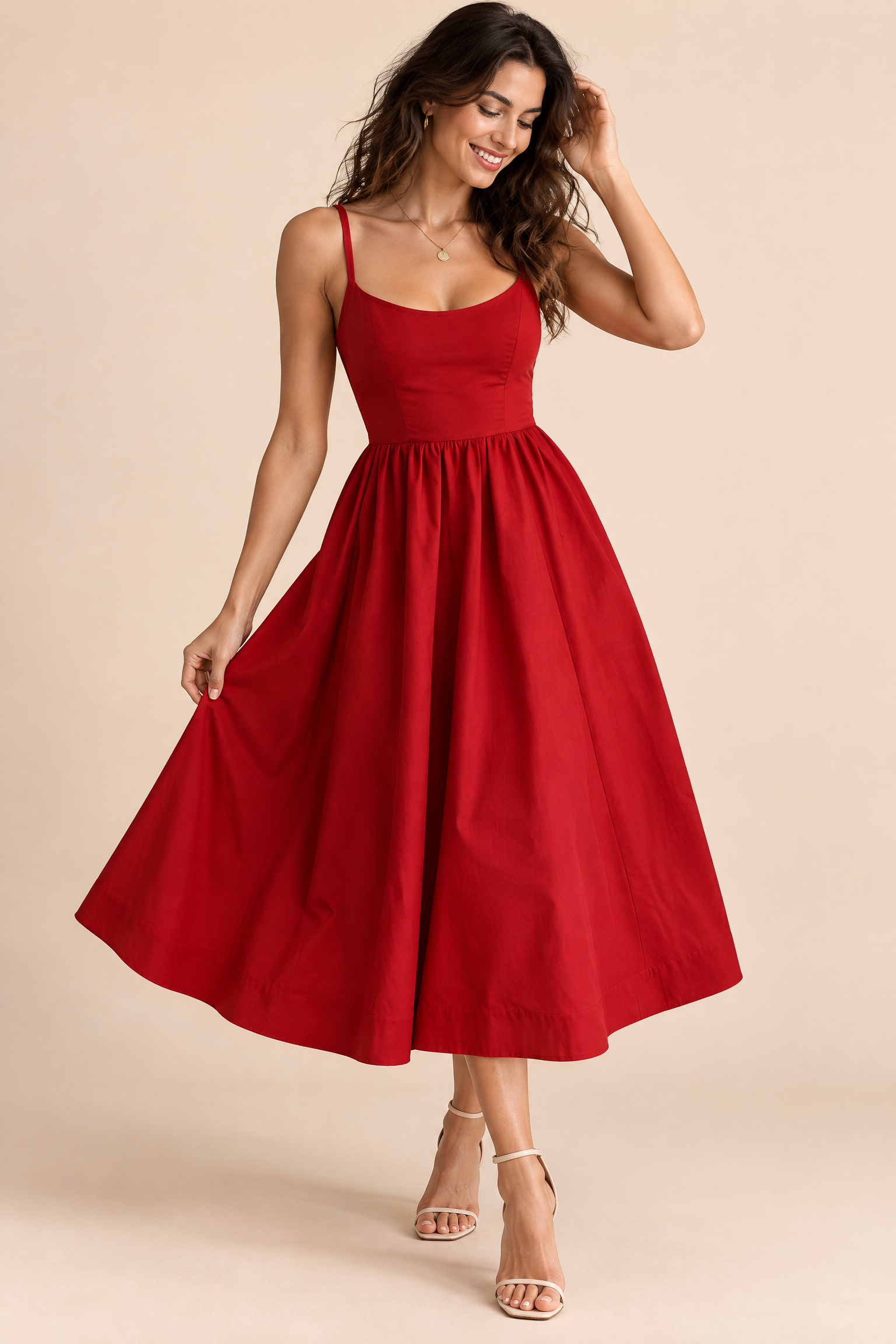 Robe midi rouge plissée évasée | Vue de face | Lounelle Paris